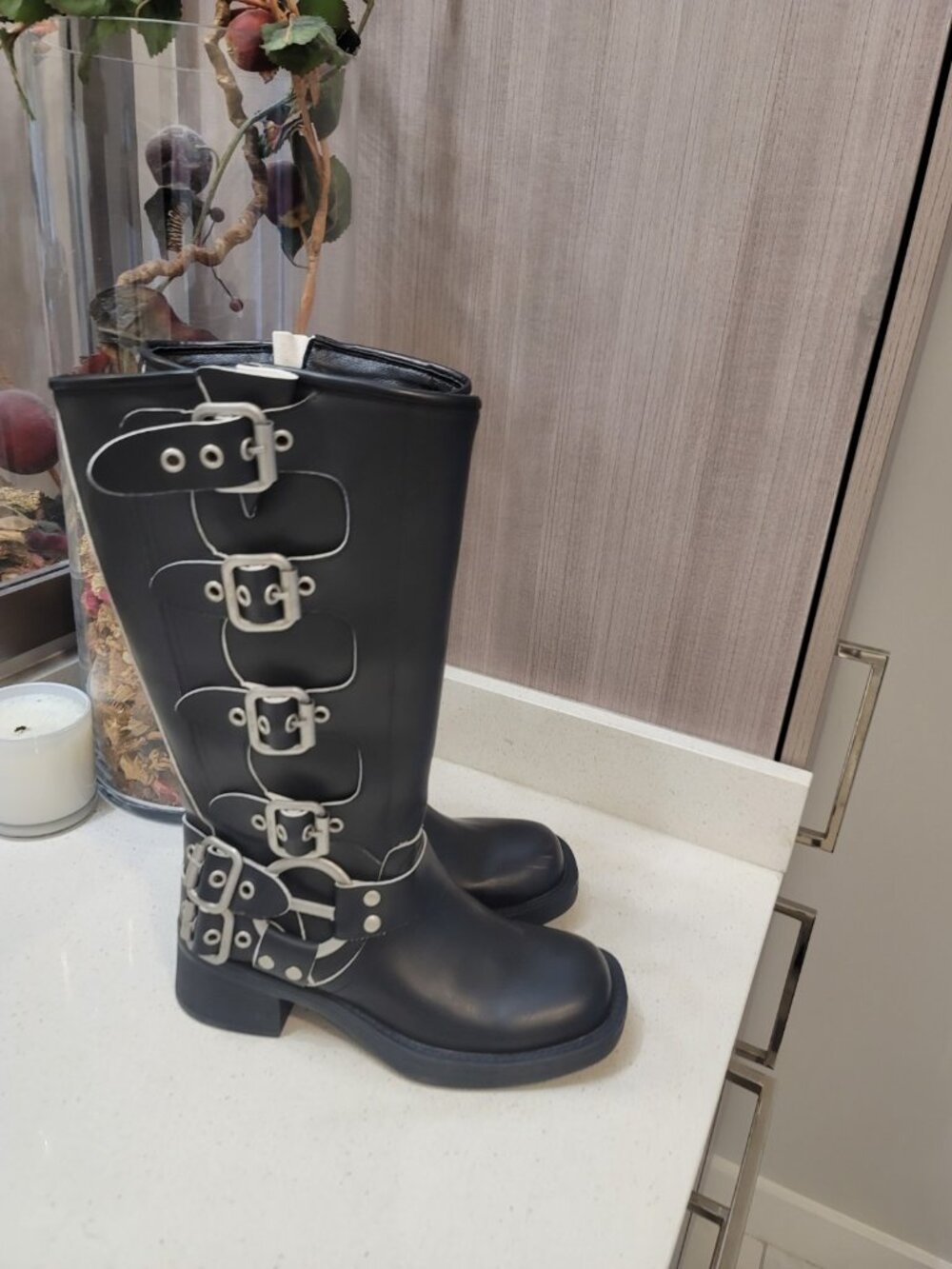 Miu Miu Biker Iconic Buckles Black Leather Knee Length Boots Size 37 - Picture 4 of 9